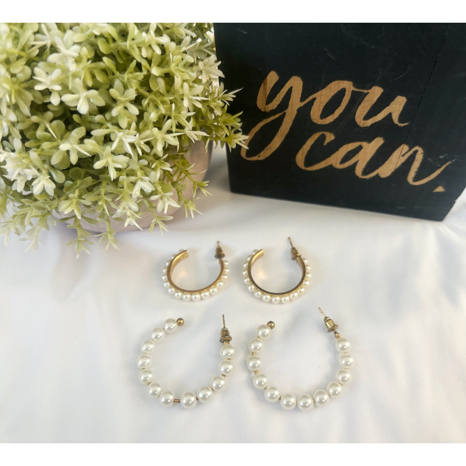 Faux Pearl Hoop Earrings Set Gold Tone Beaded Hoops Classic Minimalist Jewelry